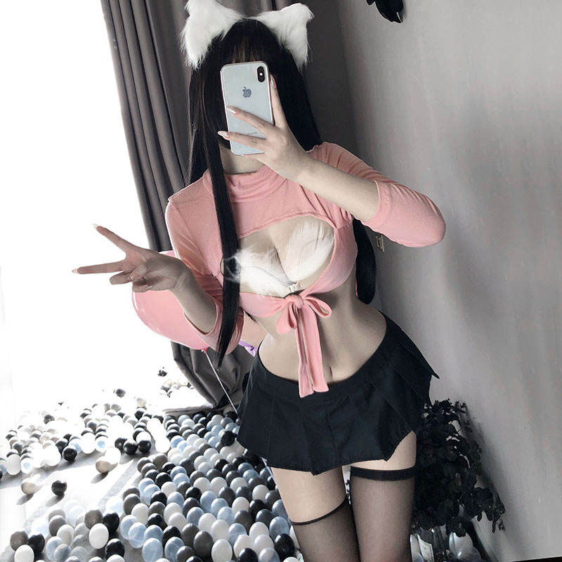 Sexy Open Chest Underwear Sweater Turtleneck Sweater Suit Anime Cosplay Costumes Hollow Out Top and Mini Skirt Cheerleader Cos