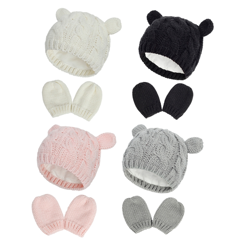 Baby Hat and Mittens Set Kids Knitted Beanie Cap Winter Warm Pompom Hats Gloves New Dropship