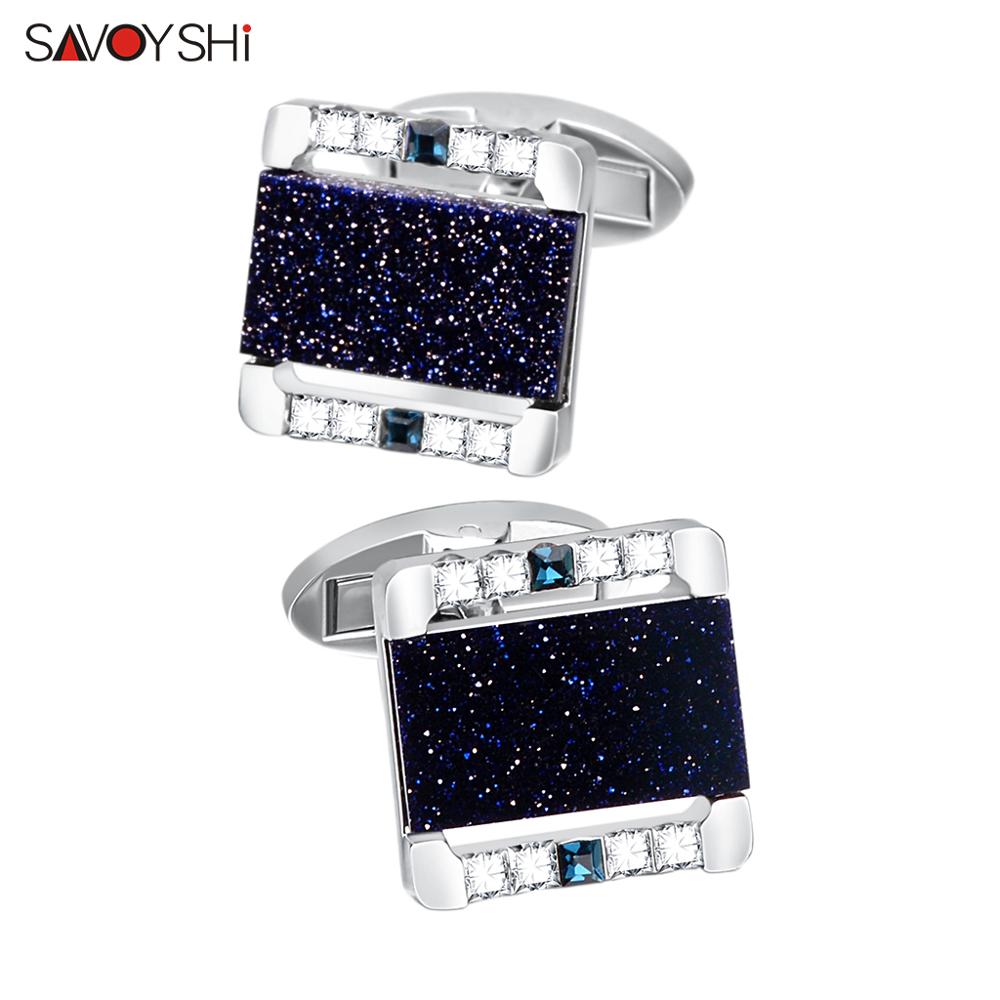 SAVOYSHI Luxury Blue Star Stone Cufflinks for Mens High Quality Crystals Silver plated Cuff links Wedding Gifts Free Custom Logo