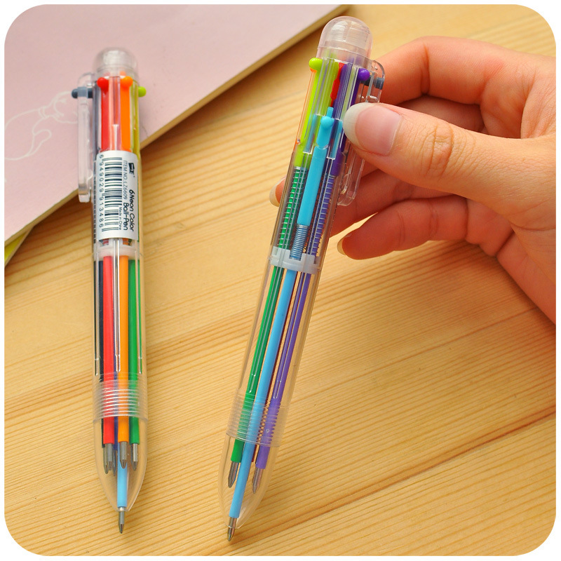Creative cartoon 6-color ballpoint pen multi function press ballpoint pen student stationery pen
