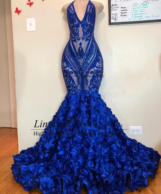 2020 Royal Blue Mermaid Prom Dresses See Through Sparkly Sequins Deep V Neck Halter 3d flower African Cheap Formal Evening Gowns