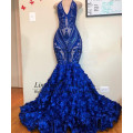 2020 Royal Blue Mermaid Prom Dresses See Through Sparkly Sequins Deep V Neck Halter 3d flower African Cheap Formal Evening Gowns