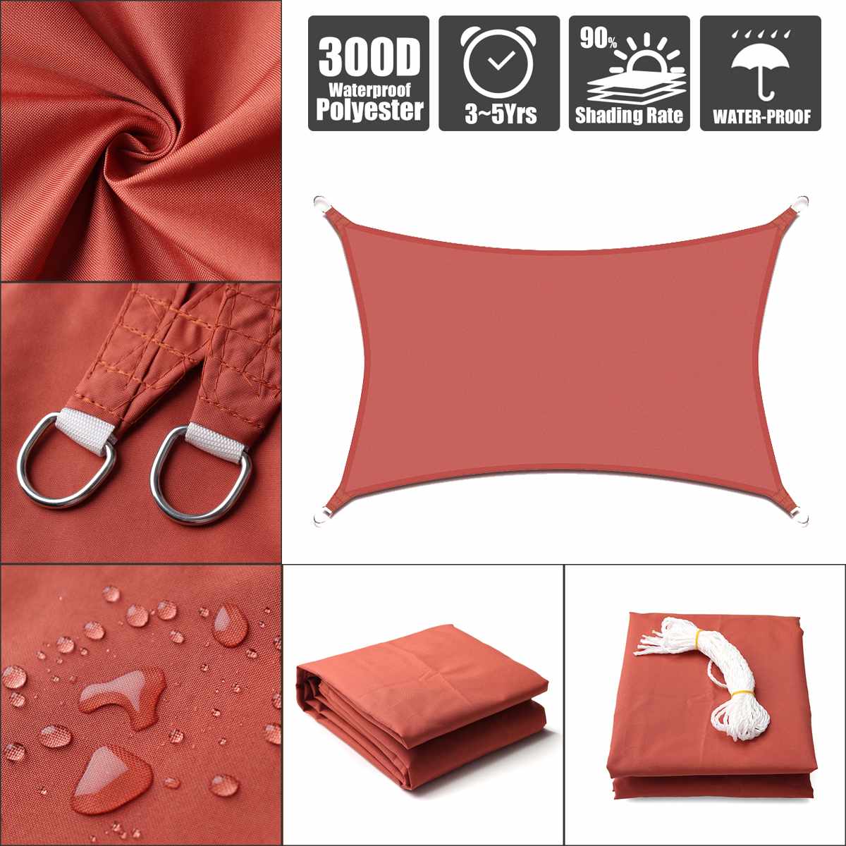 Waterproof 300D Rust red Square Rectangle Shade Sail garden terrace Canopy swimming Sun shade Camping Hiking Yard sail awnings