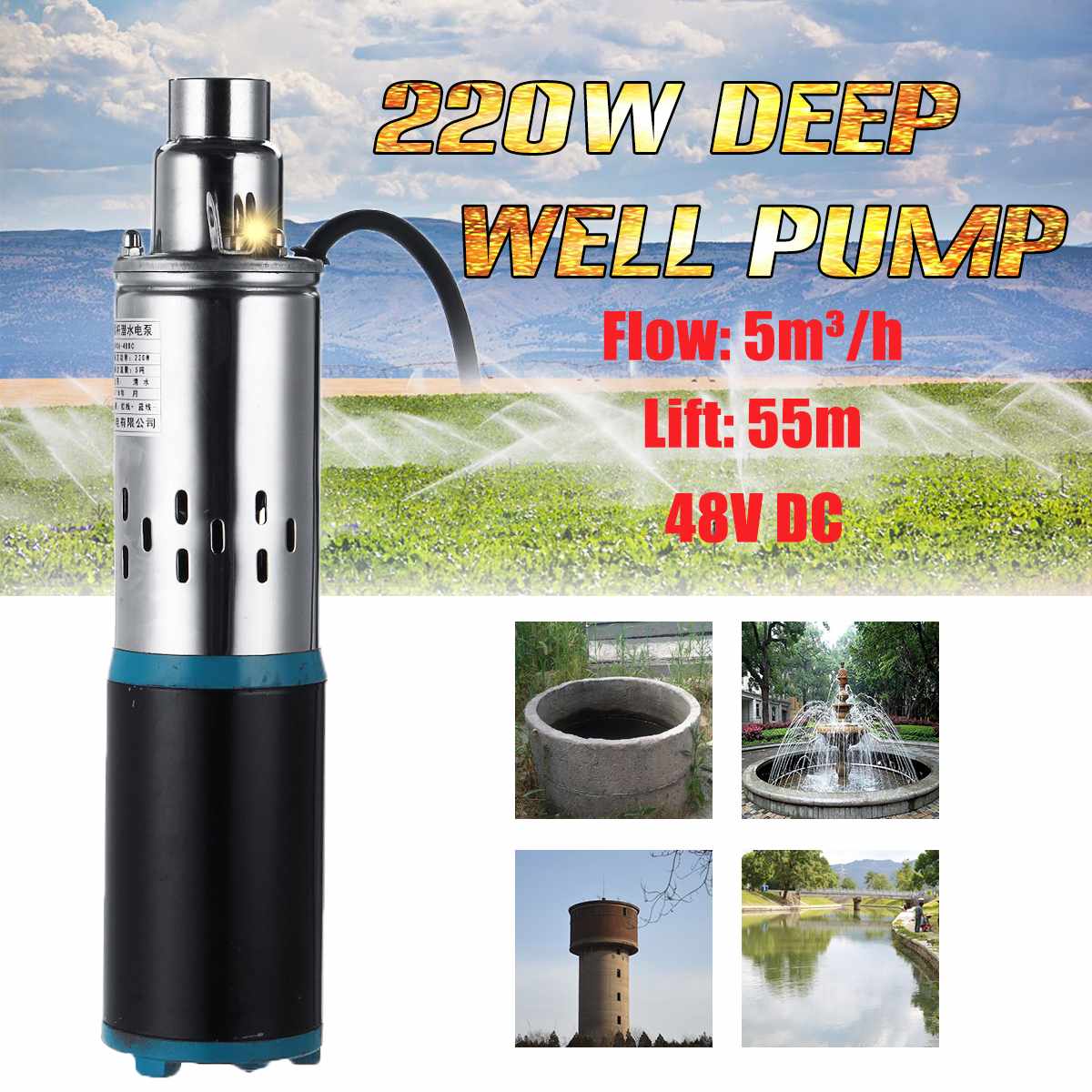 Water Pump 48V 220W 55m Deep Well Solar Water Pump DC Screw Submersible Pump for Irrigation Garden Home Agricultural
