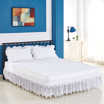 White Lace Trimmed Elastic Bed Skirt Wrinkle Free Dust Ruffle for Twin Queen King