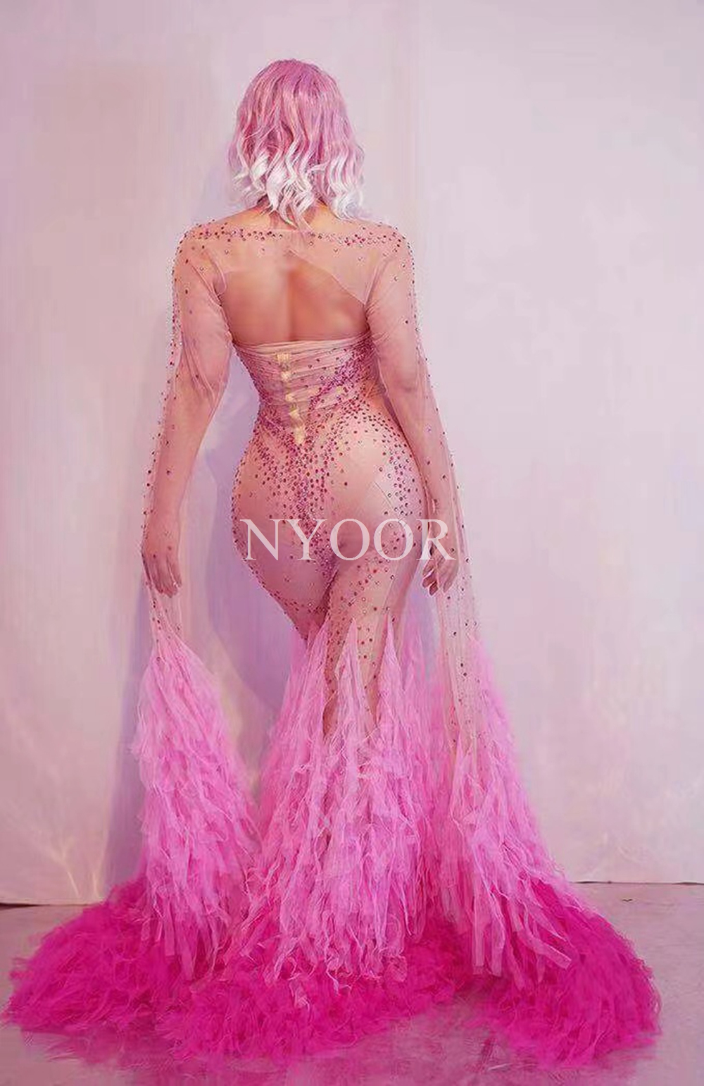 Rhinestone Rose Pink Mesh Fringe Tail Floor-length Dress Women Birthday Celebrate Prom Nightclub Outfit Sexy Stage Show Wear