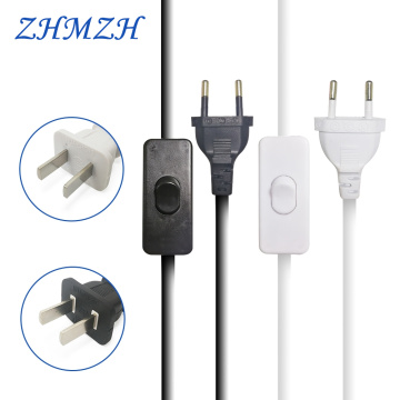 AC Power Cord 1.8m on-off Switch Plug Wire Two-pin EU Plug Cable Extension Cords US Type Adapter Black White Line For LED lamp