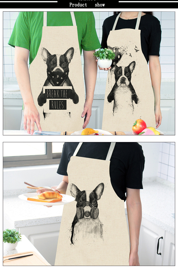 1 Pcs Cotton Linen BullDog Dog Print Kitchen Aprons Unisex Dinner Party Cooking Bib Funny Pinafore Cleaning Apron