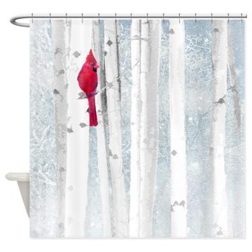 Red Cardinal Bird Snow Birch Trees Decorative Fabric Shower Curtain