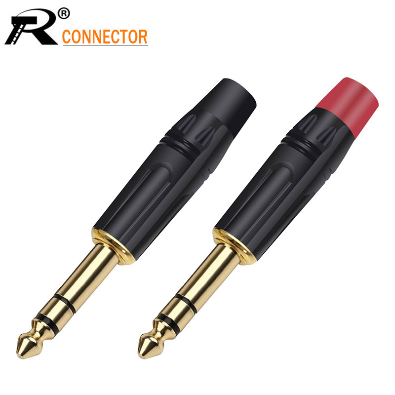 2Pcs/1Pair Gold plated 6.35MM Jack Connector Smooth Black Microphone 6.35 Audio Stereo Plug Assembly Free Solder Wire Connector