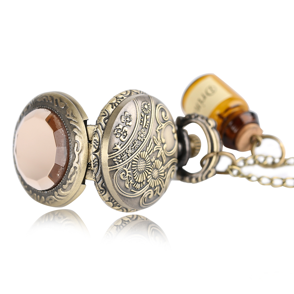 Bronze Transparent Pocket Watch Chain Mini Necklace Pendant Little Drink Me Bottle Dark Brown Glass Fashion Relojes de bolsillo