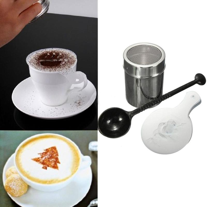 Tea Coffe Frothing Tool Set Coffee Shaker Chocolate Duster 16pcs Frothing Milk Stencils For Cappuccino Latte Measure Spoon