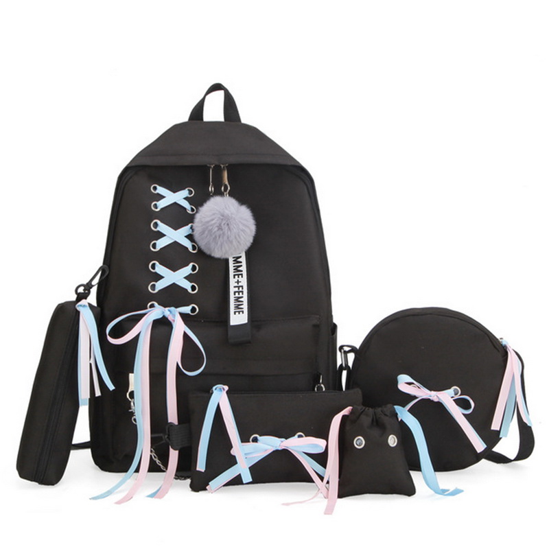 5pcs/set School Bag for Teenager Student Girls Women Canvas Backpack Bow Bundle Backpack Solid Mochila Backpack Schoolbag 2020