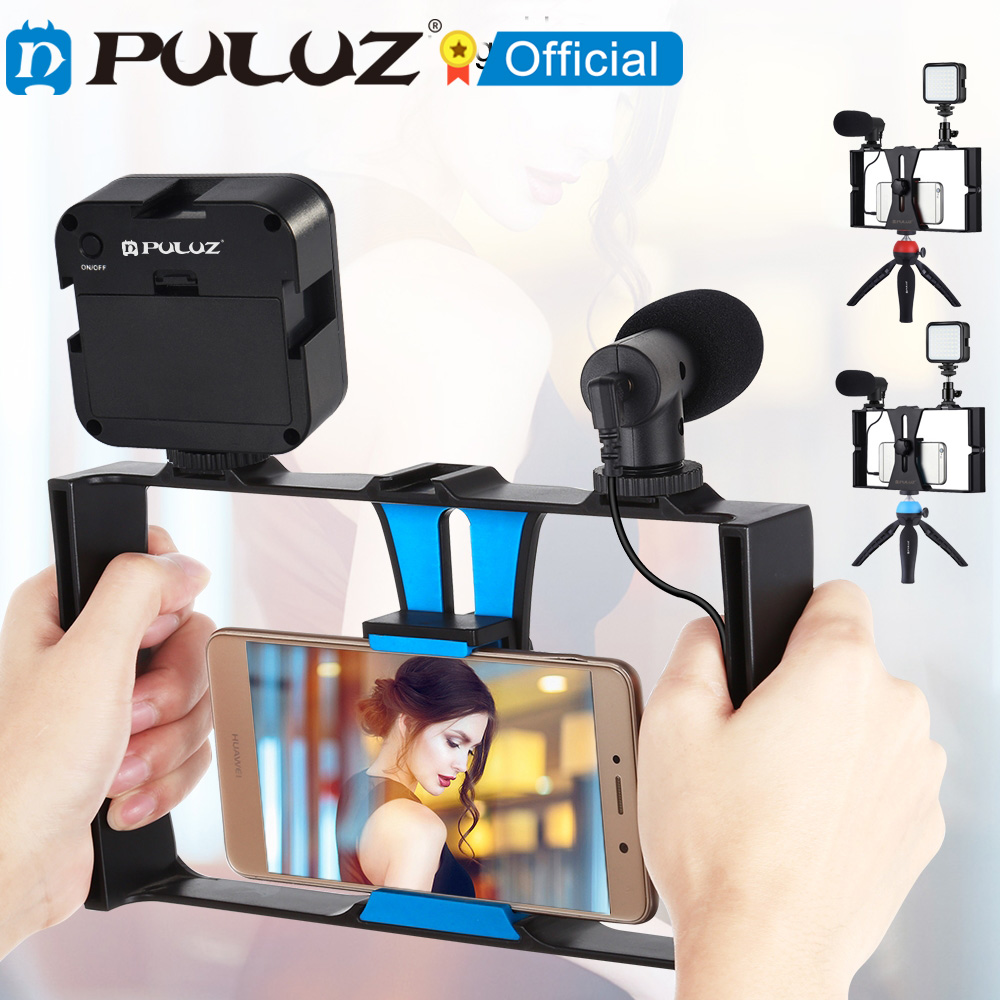 PULUZ Smartphone Video Rig Mini LED Light Microphone Tripod Mount Handheld Stabilizer Grip for Phone Video Rig for iPhone