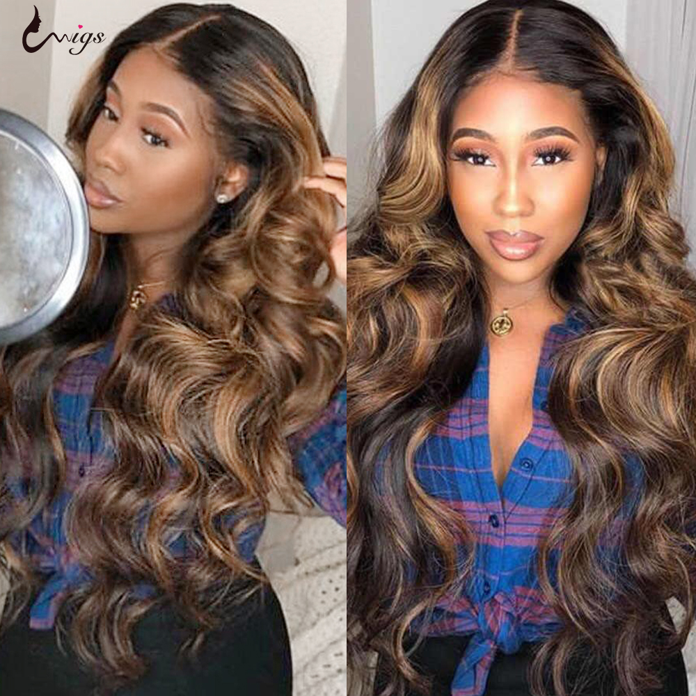 UWIGS 4/27 Highlight Wig Brazilian Body Wave Wig Highlight Lace Front Human Hair Wigs Honey Blonde Ombre Lace Front Wig Remy