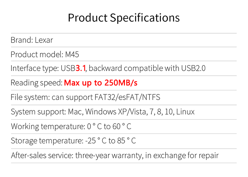 Lexar USB 3.1 M45 USB Flash Drive 32GB 64GB High Speed 250mb/s Metal Pen drive U Stick 128GB USB Memory Stick Storage Device