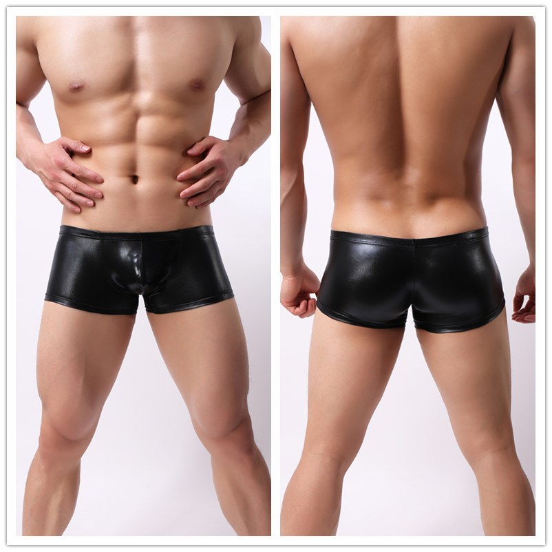 AOMU Senson Men Leather Boxers Bright Gold/Black/Yellow/Green Faux Leather Sexy Panties Performance Underwear Boxer Homme