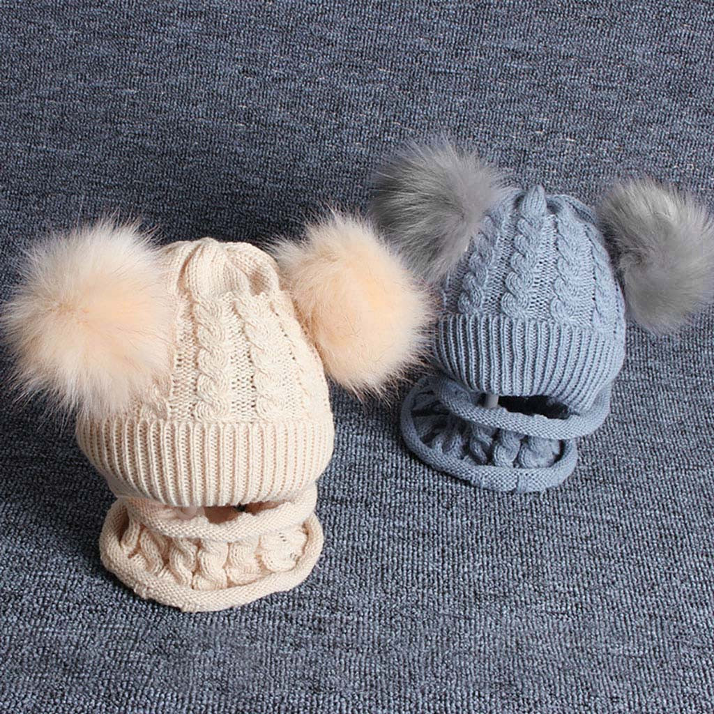 2PCS Kid Winter Hats Baby Girls Boys Knitting Wool Hemming Keep Warm Winter Hairball Cap Hat +Scarf Set for 1-6 Years Kids M800#