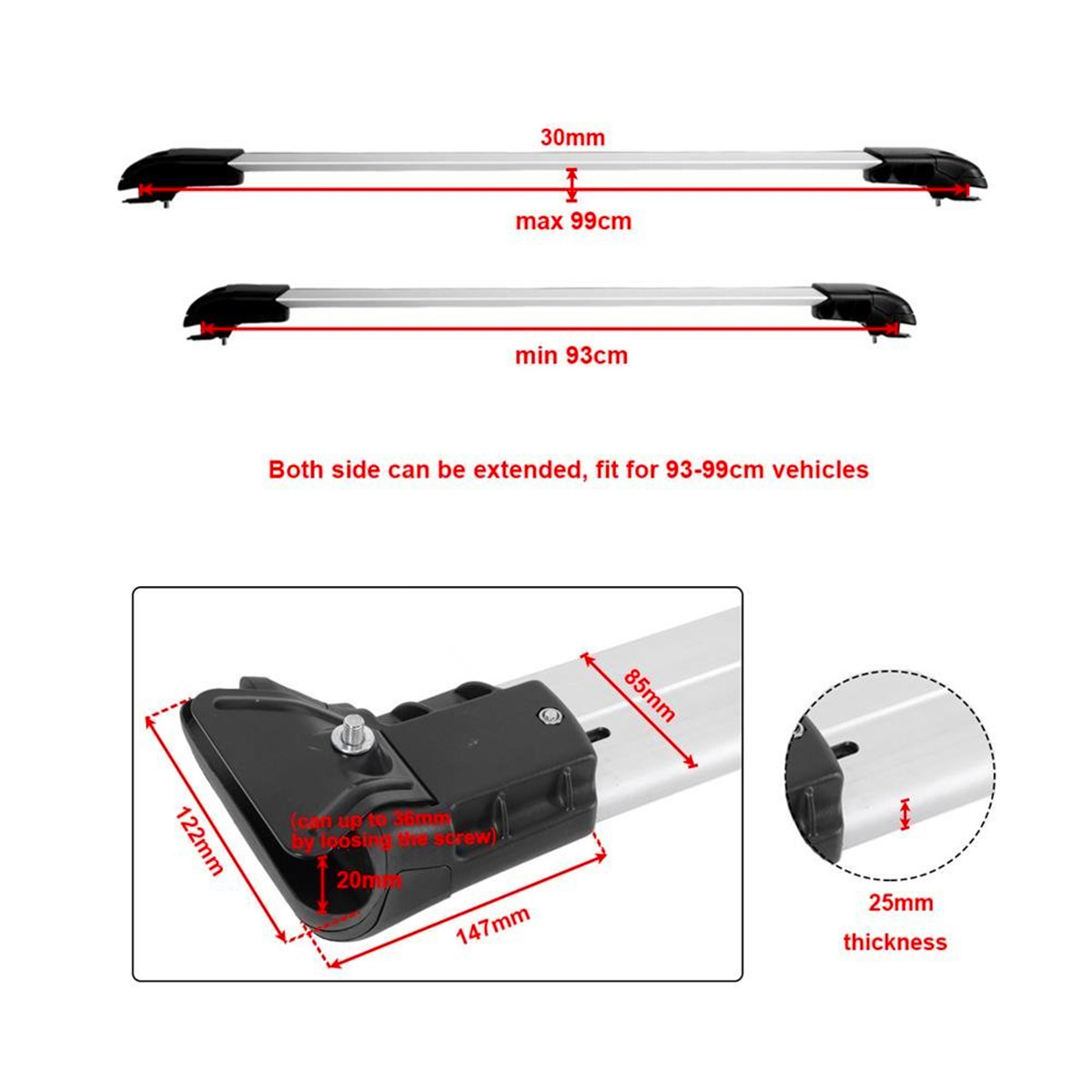 2X 93cm - 99cm 97cm Universal Car Roof Rack Basket Top Rail Cross Strip Bar Luggage Carrier for Raised Rail