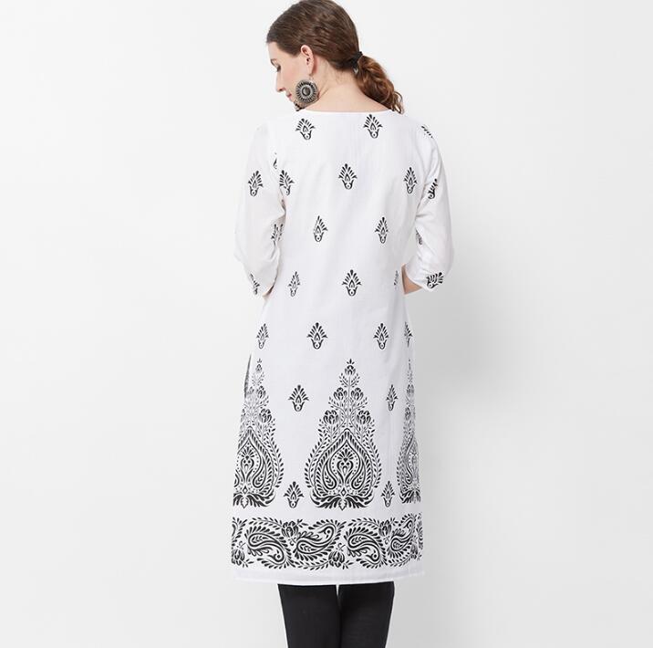 Woman Fashion Ethnic India Styles Printing Sets Cotton New India Kurtas Three Quarter Sleeves Long Thin Top