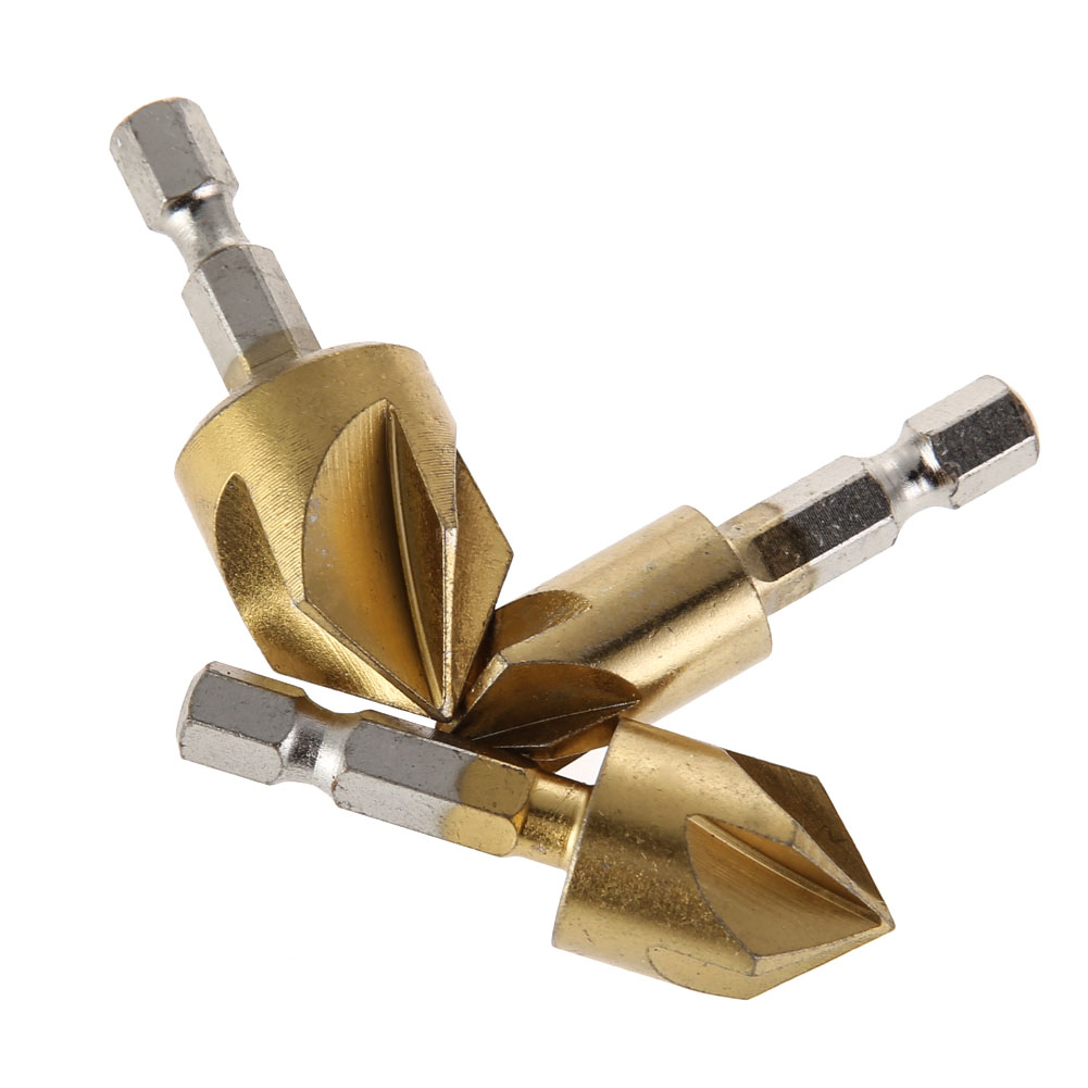 3 PCS 5 Fluit Afschuining Countersink 1/4 "Hex Shank HSS Hout Afkanten Cutter Afschuining 12/16/19mm Verzinkboor Boor