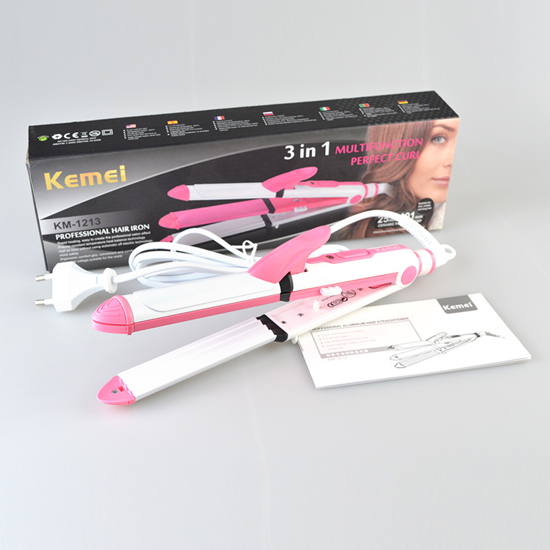 Kemei 3 In 1 Electric Hair Brushes Hair Straightener/Curling Iron Ceramic Straightening Corn Clip Irons Styling Tool 43D KM-1213