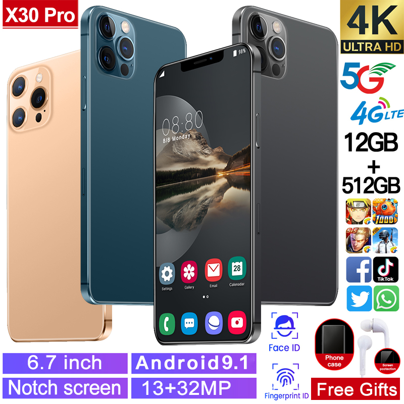 6.7inch Fully Fit Screen X30Pro Phone Snapdragon865 Deca Core 13+32MP 12G RAM 512G ROM Smartphone Face Unlock 5G Global Version