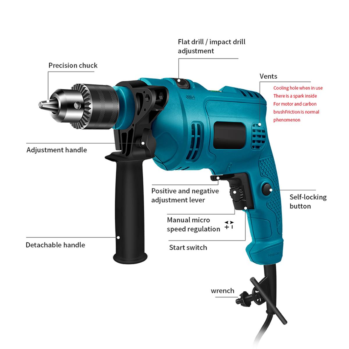 Electric Brushless Impact Drill 13MM Electric Rotary Hammer Handheld Impact Flat Drill Guns Torque Screwdriver Power Tools Set