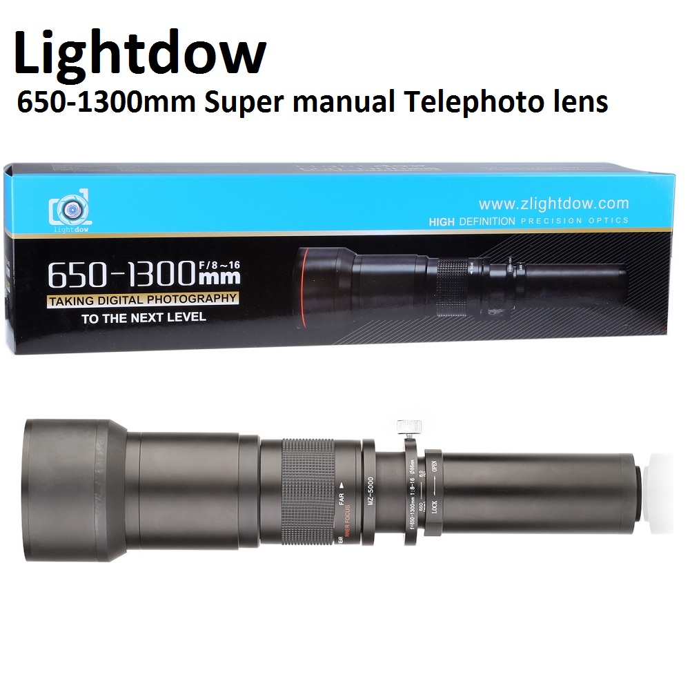 Lightdow Black 650-1300mm F8.0-F16 Super Telephoto Manual Zoom Lens+T2 Adapter Ring for Cannon Nikon Sony Pentax DSLR Cameras