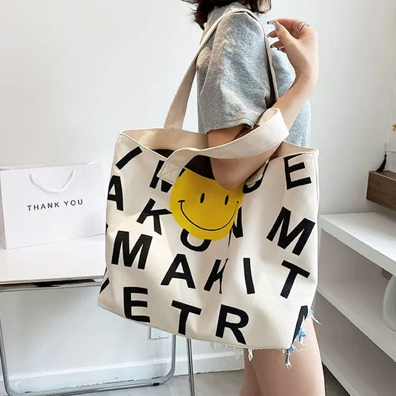 Smiley Letters Print with Zipper Tote Bag