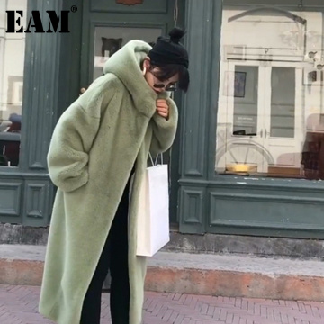 [EAM] Loose Fit Blue Big Size Warm Long Fake Fur Jacket New Hooded Long Sleeve Women Coat Fashion Tide Autumn Winter 2021 1DC957