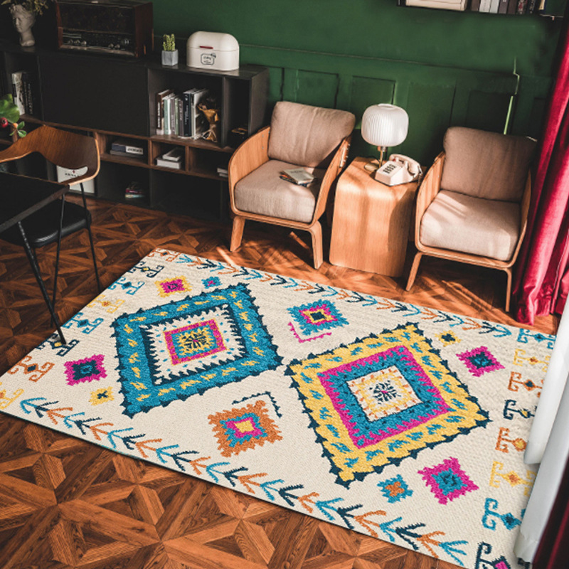 BALLE Bohemian Carpet Hand Woven Cotton Linen Carpet Rug Bedside Rug Geometric Floor Mat Living Room Bedroom Carpet Home Decor