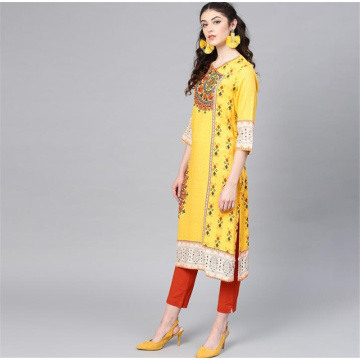 Three Quarter Sleeve India Fashion Kurtas Costume Woman Ethnic Styles Print Set Cotton Yellow Elegent Lady Spring Summer Top
