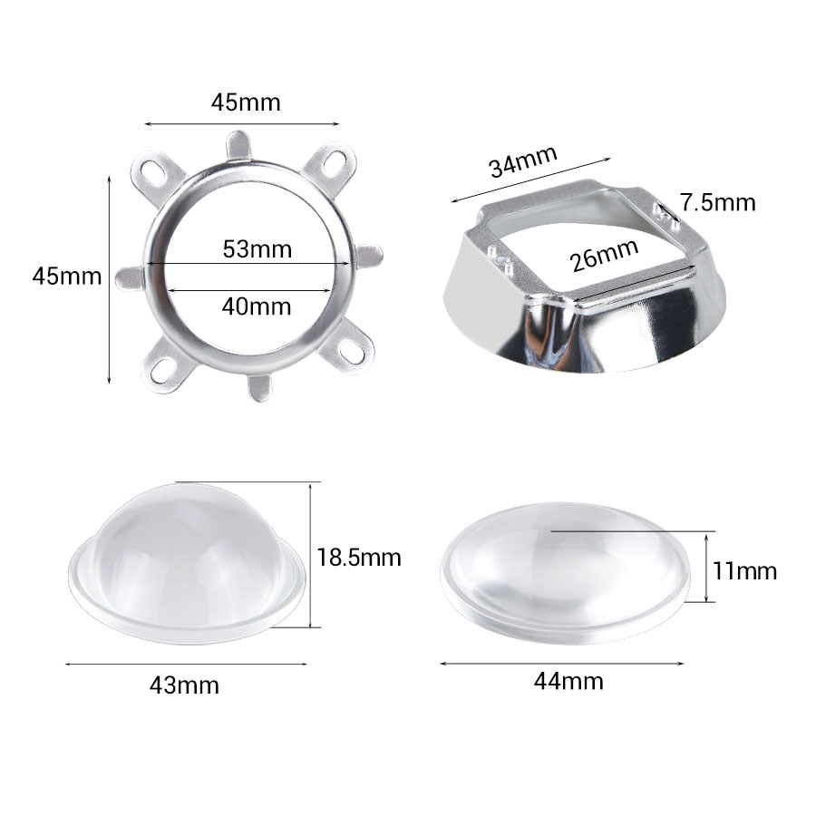 Foxanon 1 Set Optical LED Lens 44mm LED Lenses 60/120 Degree Reflector Collimator Fixed Bracket for 20W 30W 50W Glass Cob Chip