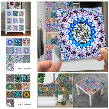 10pcs/set Colorful Mandala Pattern Crystal Hard Tiles Wall Sticker Kitchen Floor Home Renovation Art Mural Removable Wall Decals
