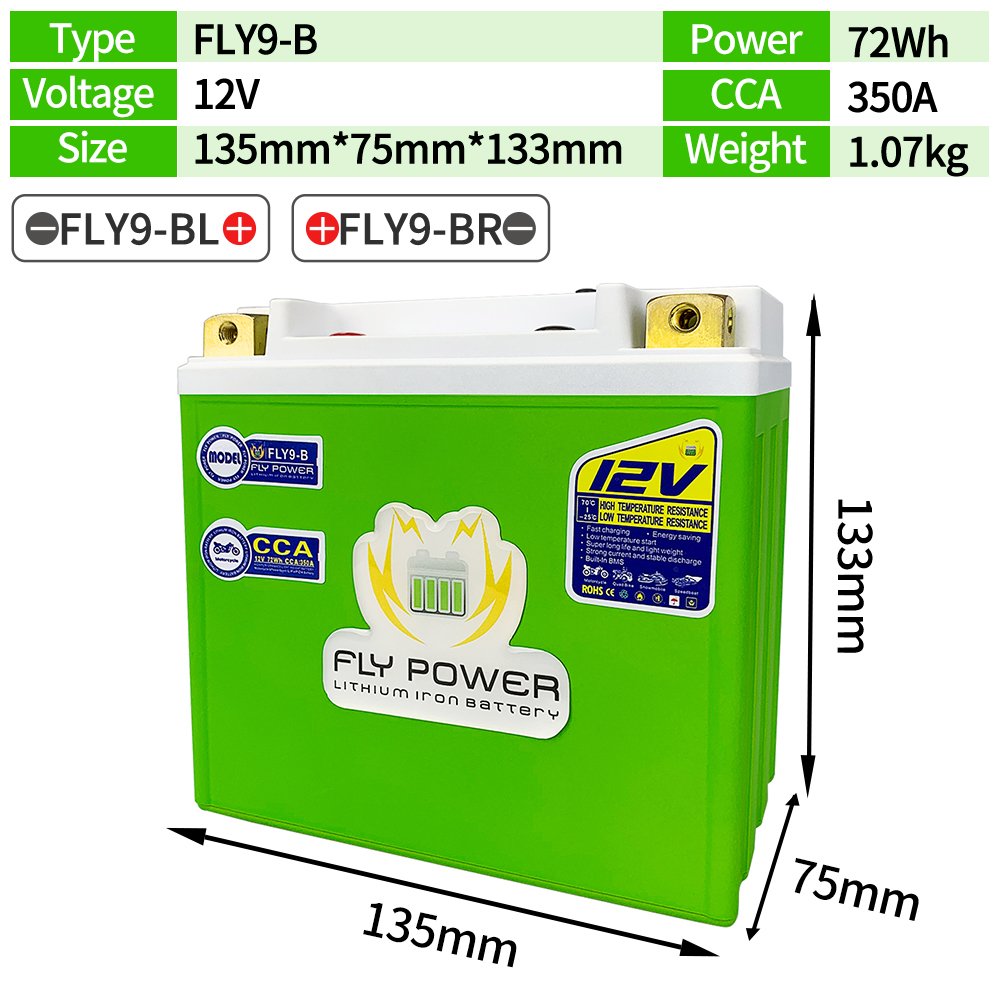 FLY9-B Motorcycle LiFePO4 Starter Battery CCA 350A 72Wh BMS Lithium iron Phosphate Scooter Battery Replace YT9B-BS YT9B-4 GT9B-4