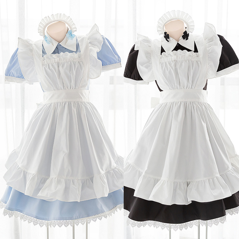 Women's Kawaii Maid Uniform Apron Dress Japanese Anime Lolita Role Play Nightdress Cosplay Costume Cute Bow Lace Housemaid Dress