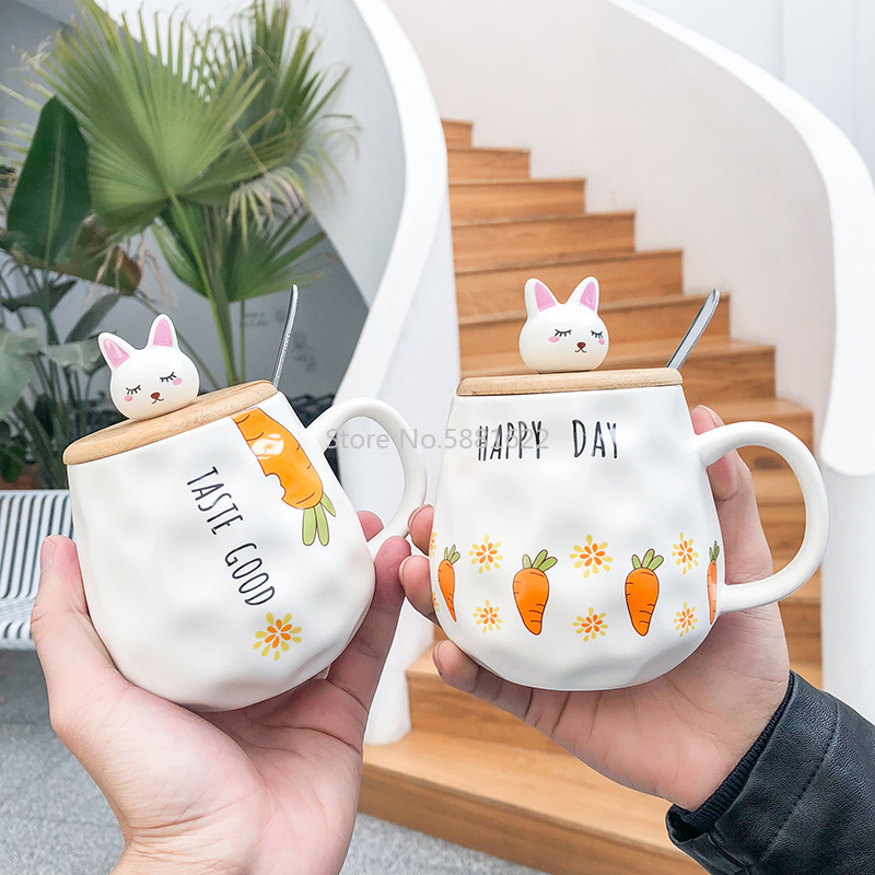 Cartoon Radish Rabbit with Lid and Spoon Ceramic Cup Men and Women Business Mug Water Cup Small Fresh Cup
