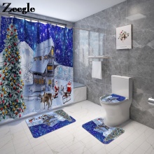 Christmas Bath Mat and Shower Curtain Set Non-slip Bathroom Floor Carpet Toilet Seat Cover Mat Europe Style Showewr Carpet Set