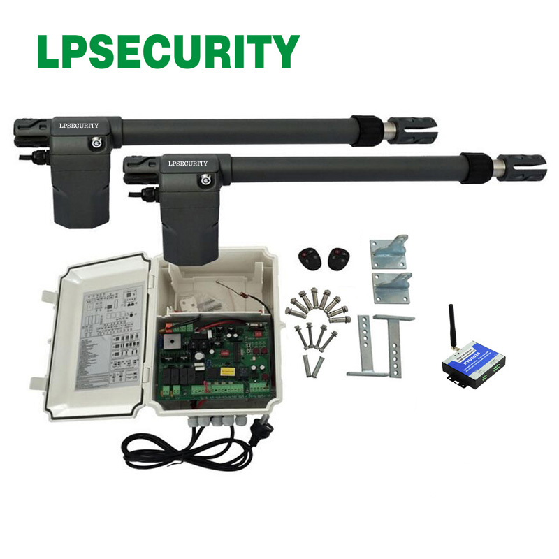 LPSECURITY 220V swing arm heavy duty swing gate operator kit con gsm door opener,alarm light,photocells y 4transmitters optional