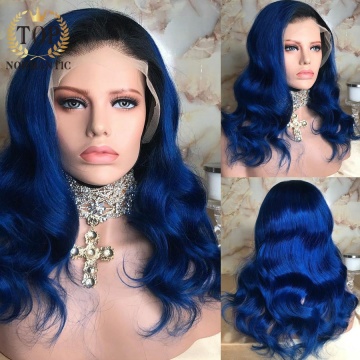 Topnormantic Lace Front Human Hair Wigs For Women Ombre Blue Color Body Wave Wig Brazilian Remy Hair With Pre Plucked Hairline