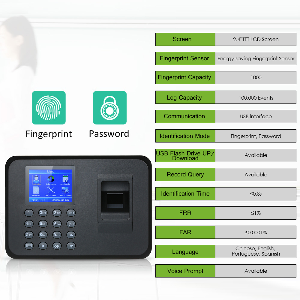 Biometric Fingerprint Attendance Machine 2.4" TFT LCD Display USB Fingerprint Attendance System Employee Checking-in Recorder