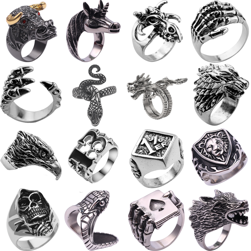 Vintage Gothic Wolf Head Ring Men Bull Head Skull Spider Eagle Lion Dragon Cross Snake Men Ring Punk Jewelry Evil Eye Ball Anel