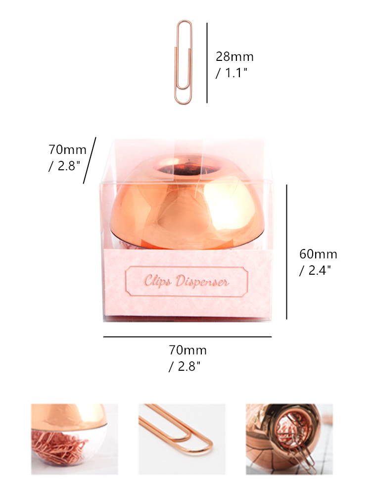Rose Gold Paper Clips in Rosegold Round Paper Clip Dispenser Holder with Magnetic Lid for Office School Desk Organizer Supplies