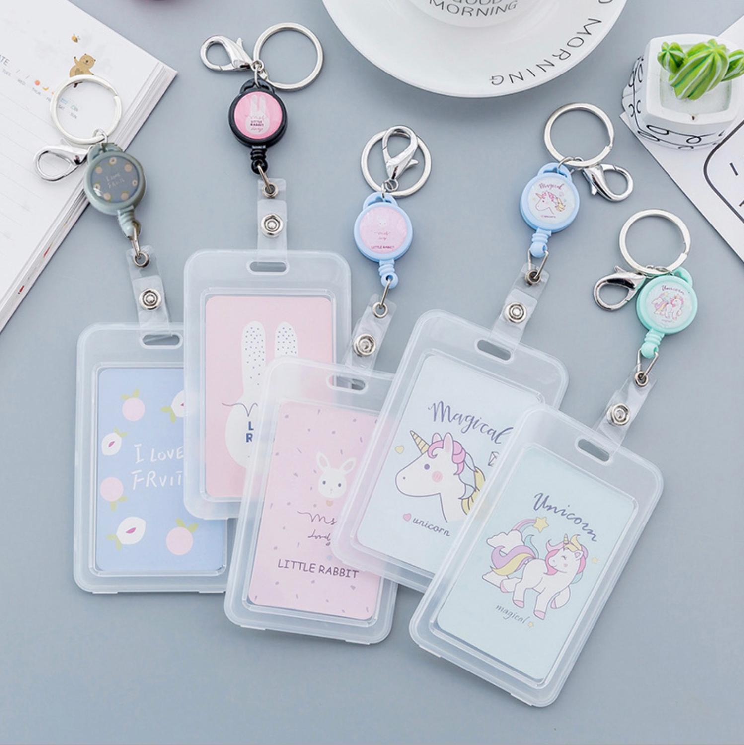 Cute Card Holder With Keychain ID Bus Card Cover Case With Key Rings For Women Men Transparent Plastic Ferrule