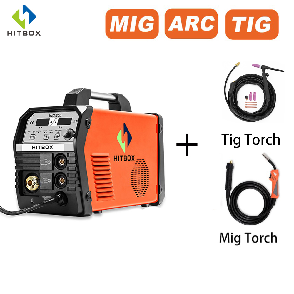 220V HITBOX Mig Welder MIG200 ARC MMA Semi-automatic Welding Machine Digital C02 Gas Welder With Tig Torch
