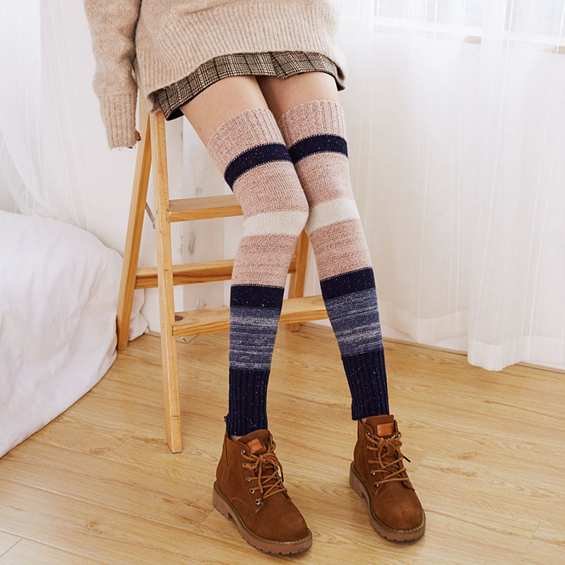 Patchwork Stripe Women Leg Warmers Winter Warm Long Tube Leg Socks Knitted Wool Knee High Boot Covers Girls Beenwarmers LWB016