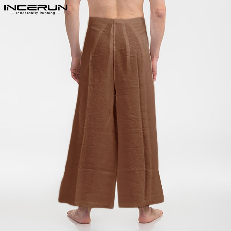 INCERUN Solid Color Men Wide Leg Pants Joggers Lace Up Streetwear Casual Loose Thai Trousers Men Cotton Fisherman Pants S-5XL