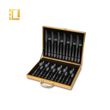 24 pcs Stainless Steel Flatware set Wooden Box Electroplating Gold Cutlery Set Electroplating Gift