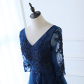 Hot Long Evening Dress Dark Blue Lace Embroidery 3/4 Sleeved Banquet Mother Of The Bride Dresses Robe De Soiree